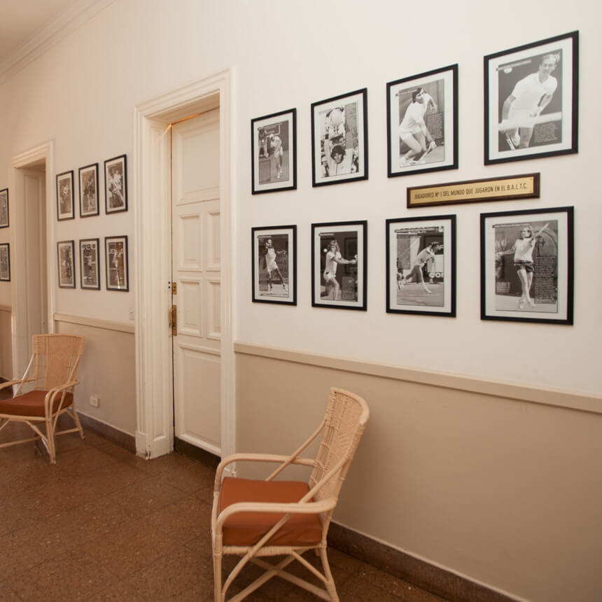 Historic tennis portraits displayed inside the Buenos Aires Lawn Tennis Club