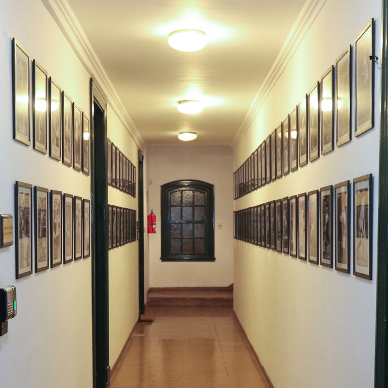 Hallway lined with tennis history displays