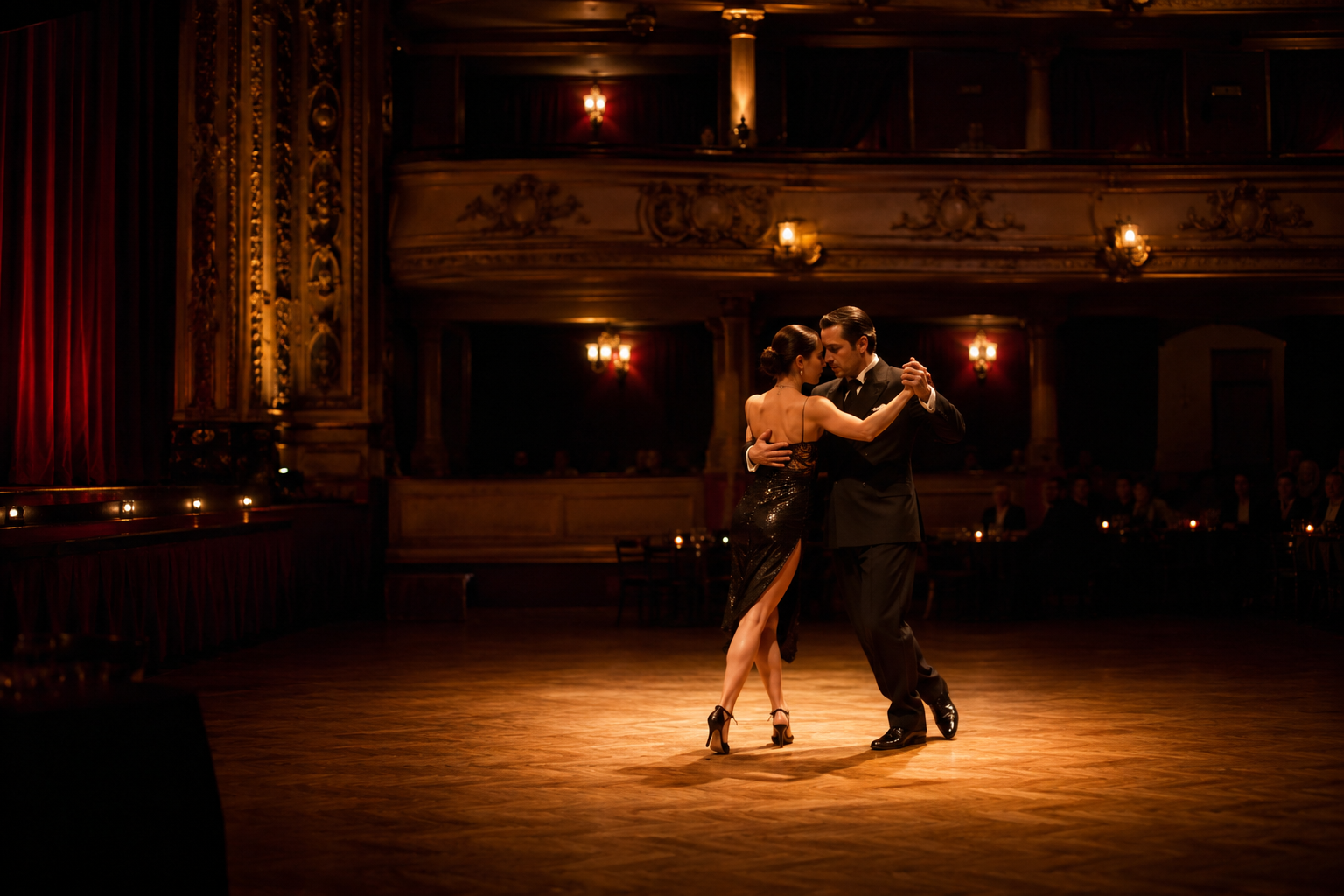 Tango dancers performing in a historic theater