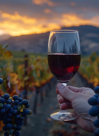una copa de vino con una impresionante vista del vinedo al atardecer scaled