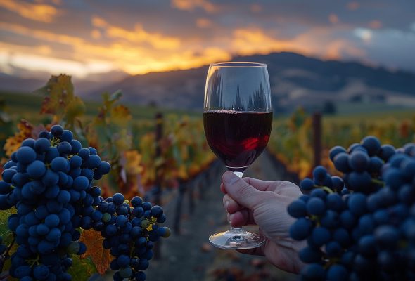una copa de vino con una impresionante vista del vinedo al atardecer scaled una copa de vino con una impresionante vista del vinedo al atardecer scaled